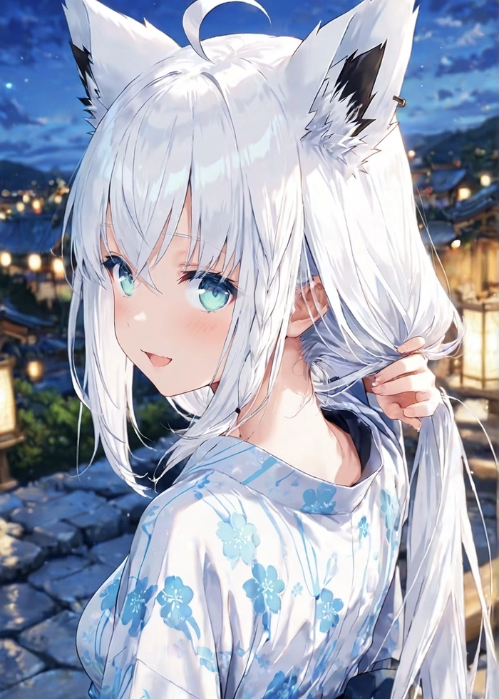 Anime girl tóc trắng trong khung cảnh lung linh bí ẩn