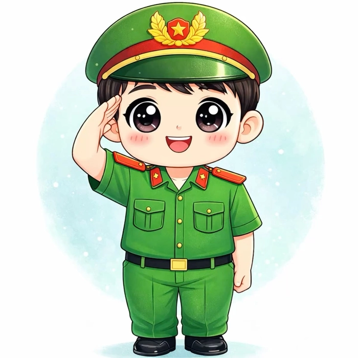 Hình chú bộ đội chibi cùng bộ quân phục xanh