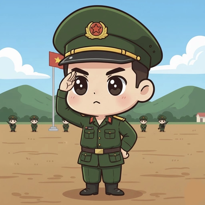 Hình chú bộ đội chibi với bộ đồ quân nhân nhỏ nhắn
