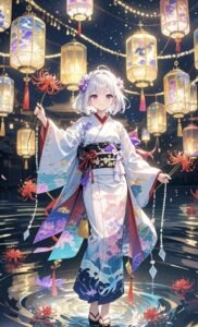 ảnh anime nữ mặc kimono dáng đứng nổi bật