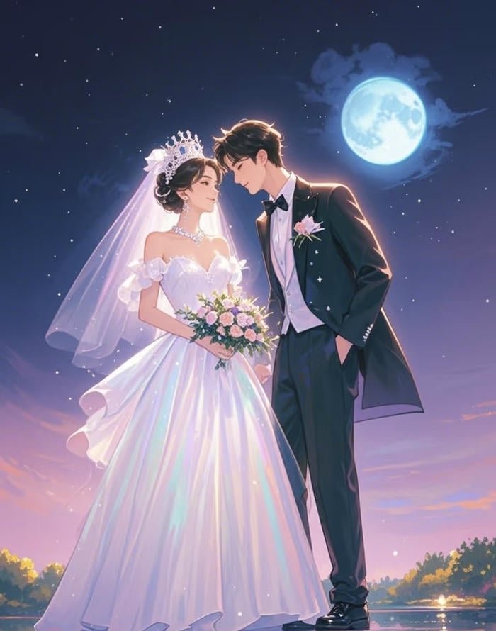 ảnh nghệ thuật cô dâu chú rể anime hạnh phúc