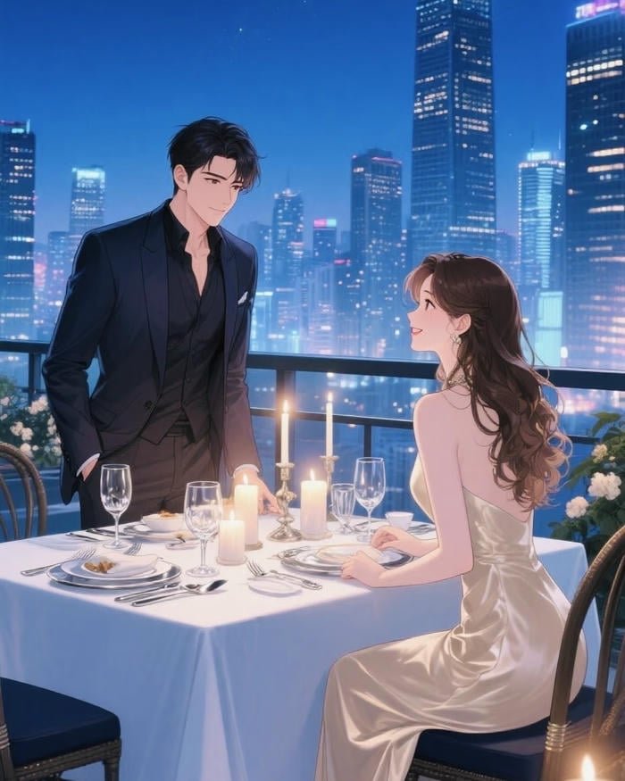 bữa tối lãng mạn trên tầng thượng của anime cặp đôijpg