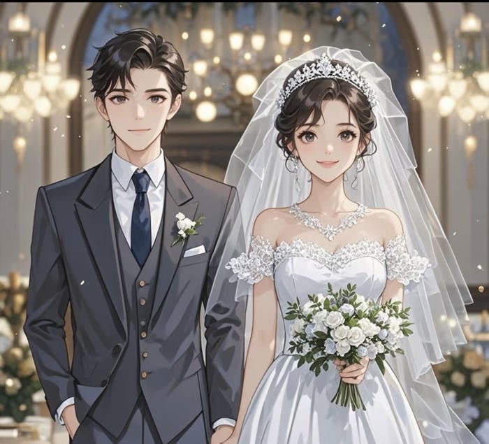 cô dâu chú rể anime cảnh tiến vào lễ đường