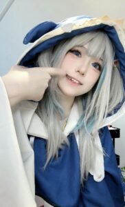 gura cosplay seated pose