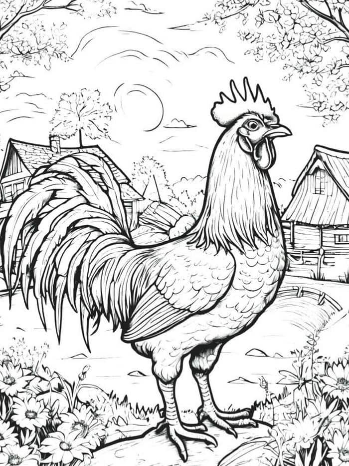 hình ảnh con gà trống đen trắng tô màu