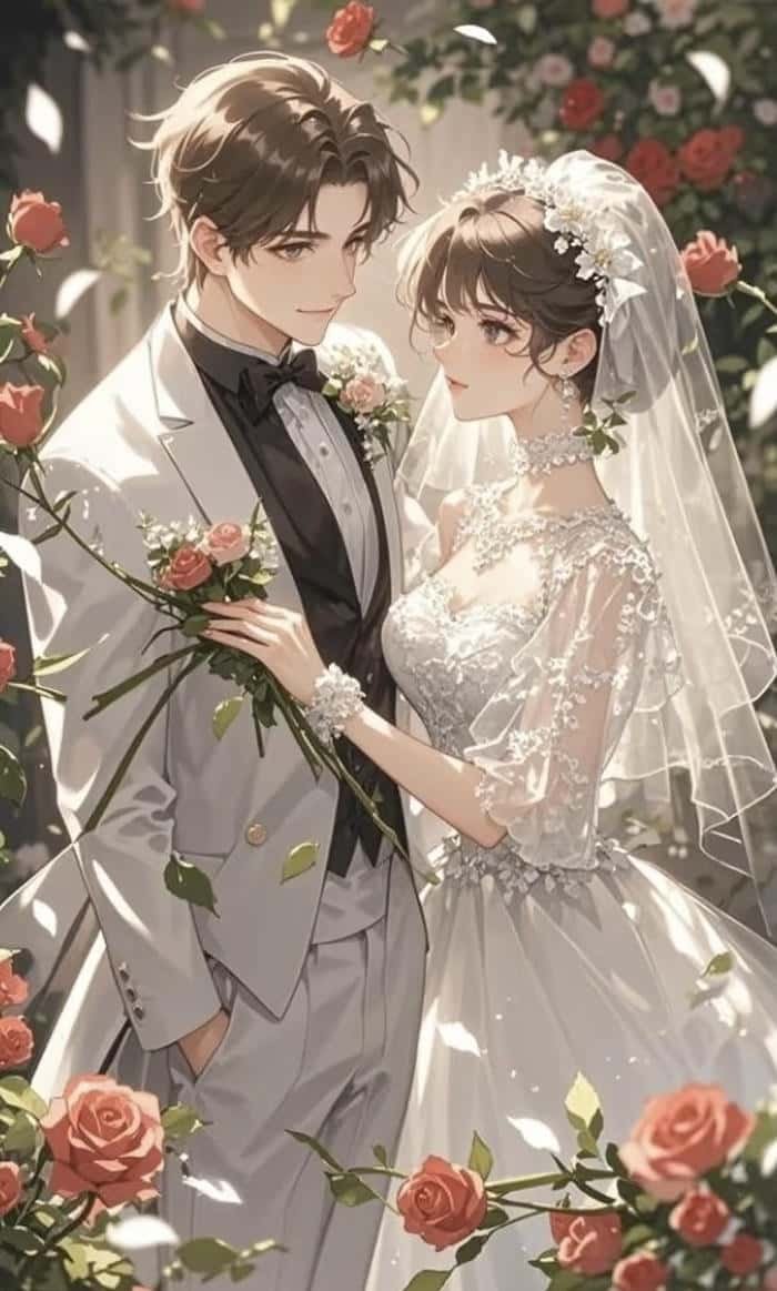 hình đôi nghệ thuật cô dâu chú rể anime ấm áp