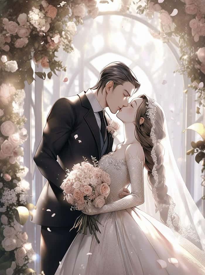 khoảnh khắc hôn nhau cô dâu chú rể anime hòa quyện