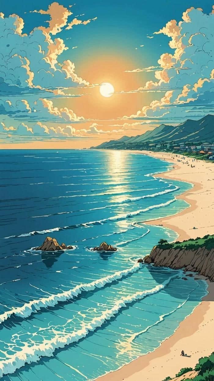 Ảnh biển anime sóng xanh dịu