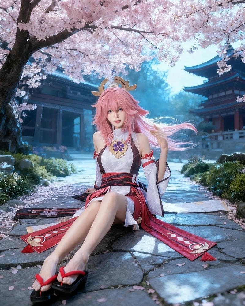 Đại pháp sư yae miko đi dạo trong sân đền thờ