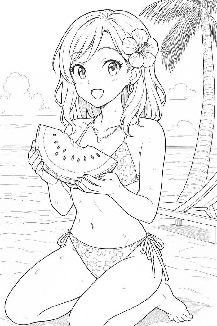 Hình ảnh ảnh tô màu anime ăn dưa hấu