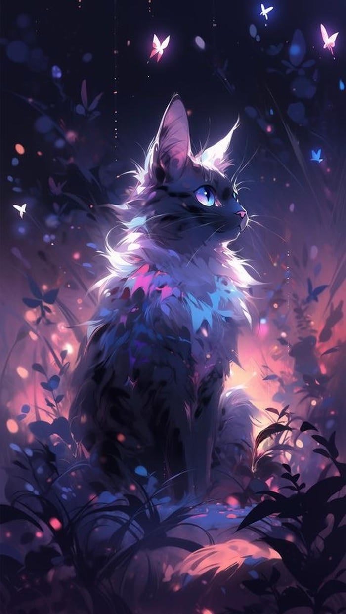 Hình anime mèo dáng ngồi trong đêm sáng