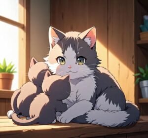 Hình anime mèo mẹ và mèo con