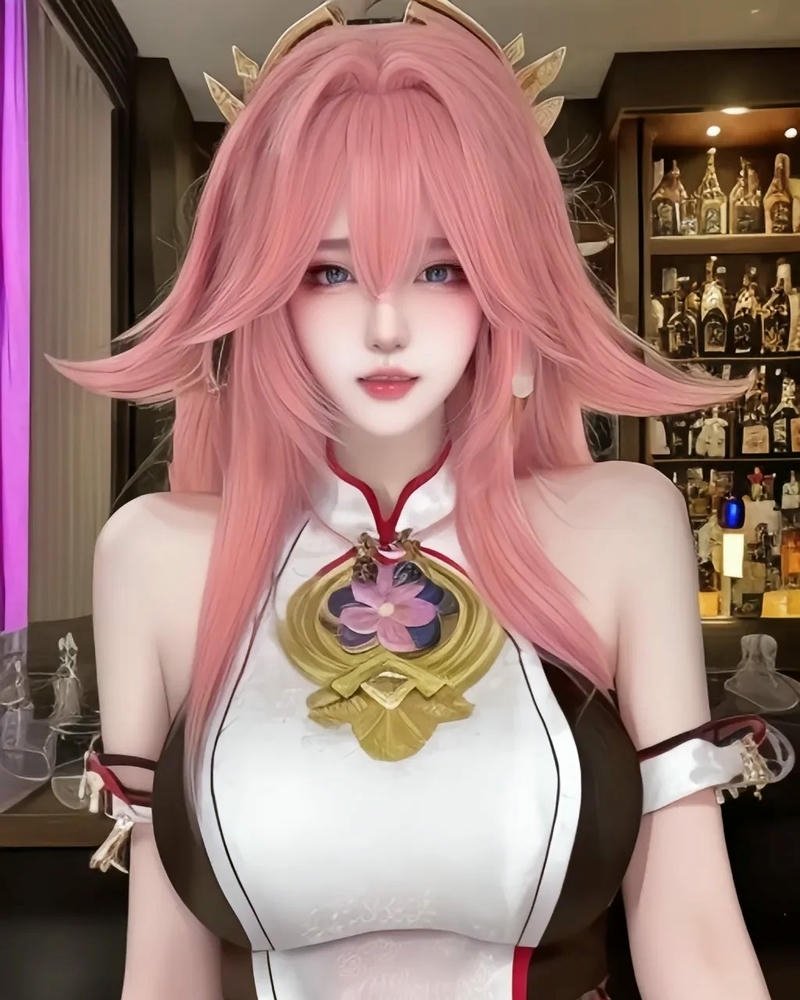 Yae miko cosplay đứng trong phòng khách ánh sáng ấm