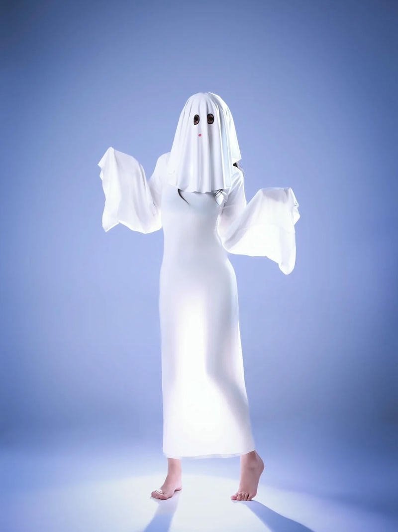 cosplay ma bóng trắng đứng thẳng trên nền xanh