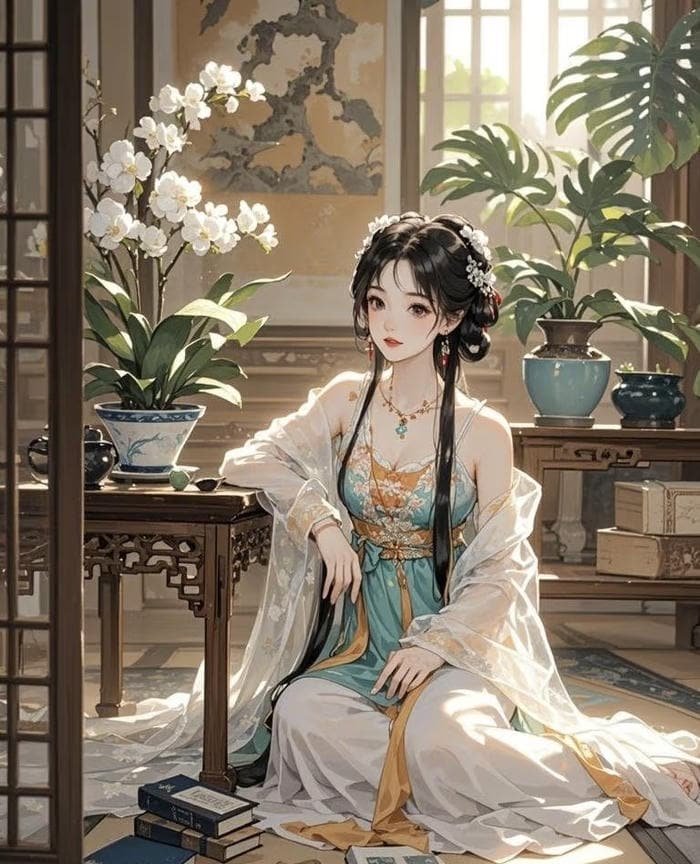 hình công chúa anime lạnh lùng ngồi bên chậu hoa