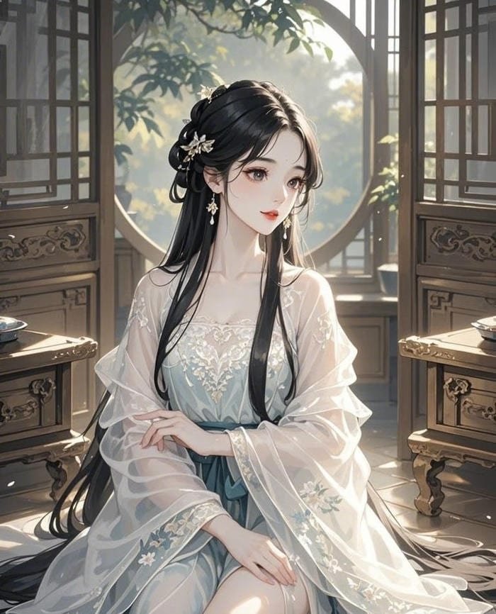 hình công chúa anime ngồi trong thư phòng