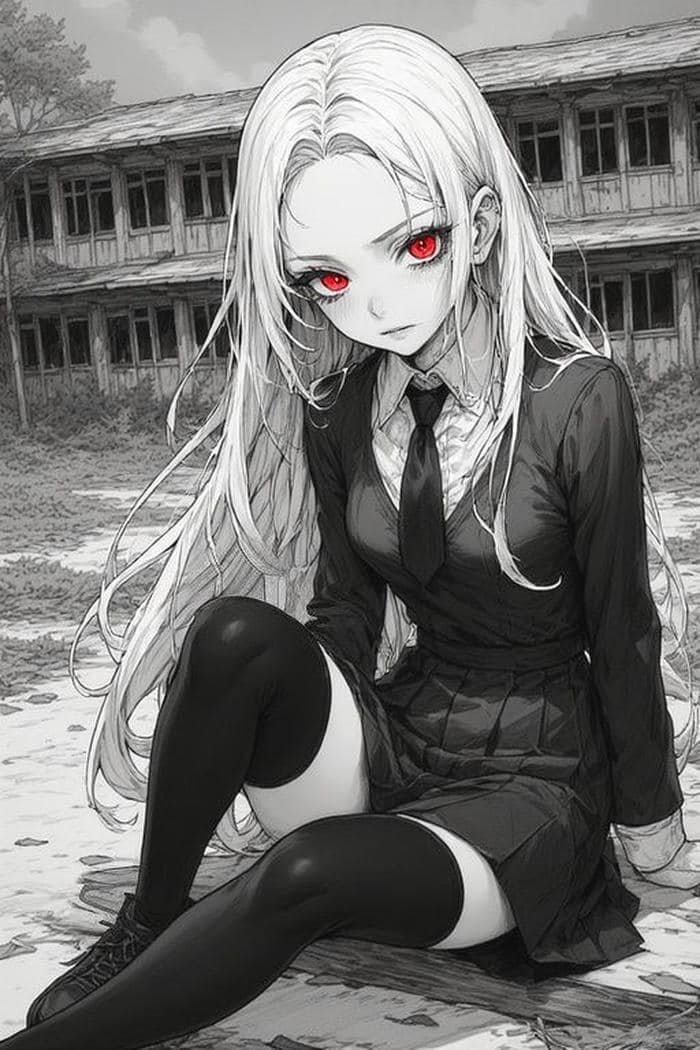 Ảnh Anime trắng đen đôi mắt đỏ ngàu