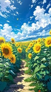 Ảnh anime hoa hướng dương ánh nắng dịu nhẹ