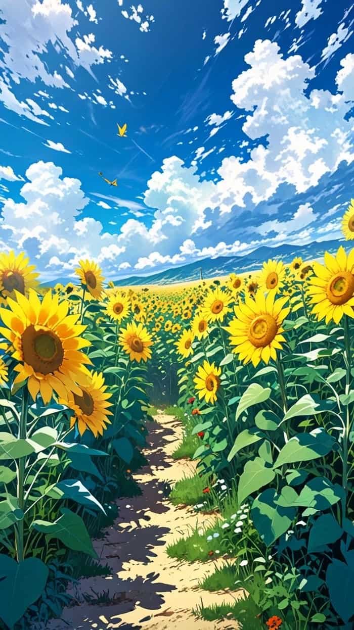 Ảnh anime hoa hướng dương ánh nắng dịu nhẹ