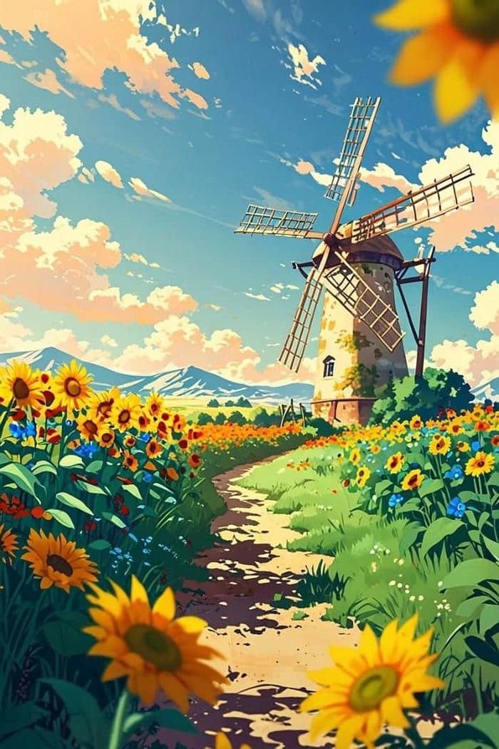 Ảnh anime hoa hướng dương nở rộ giữa đồng