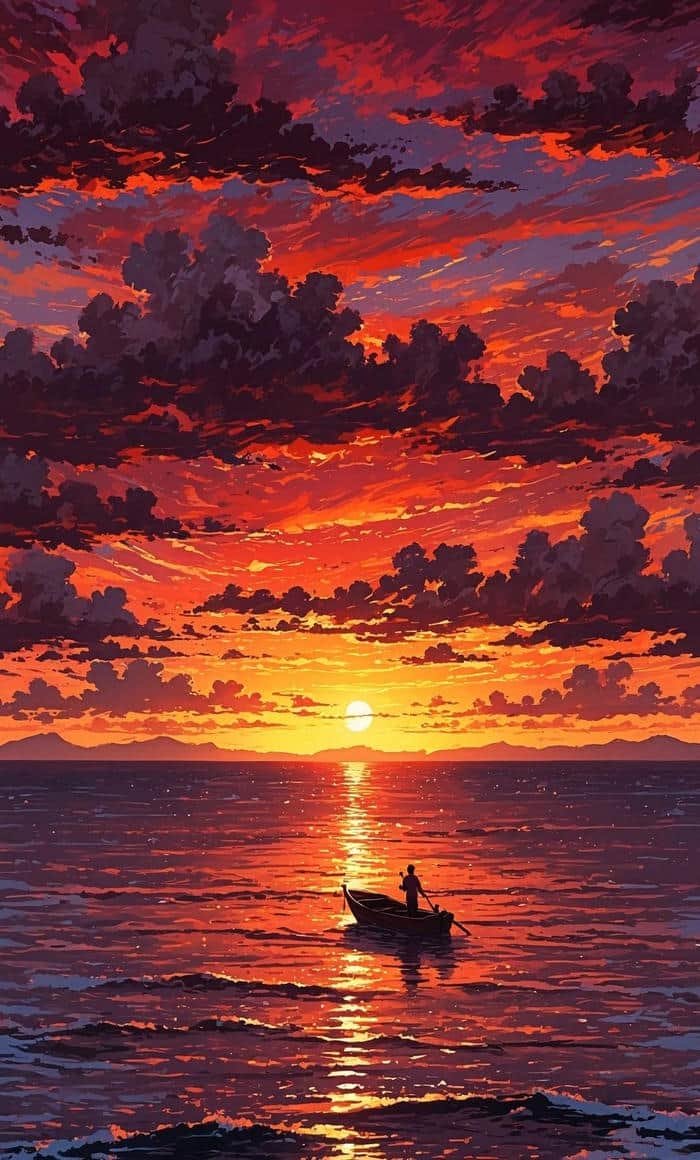 Ảnh anime hoàng hôn ánh đỏ nhạt dần