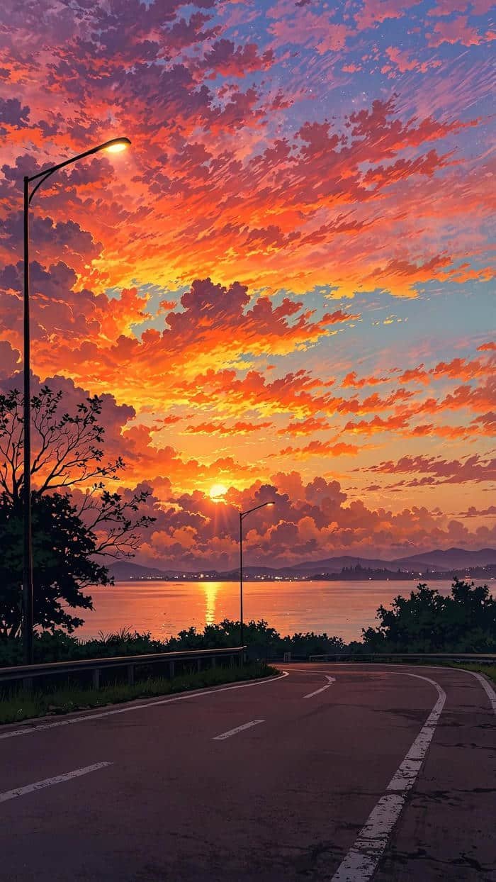 Ảnh anime hoàng hôn ánh trời đỏ cam