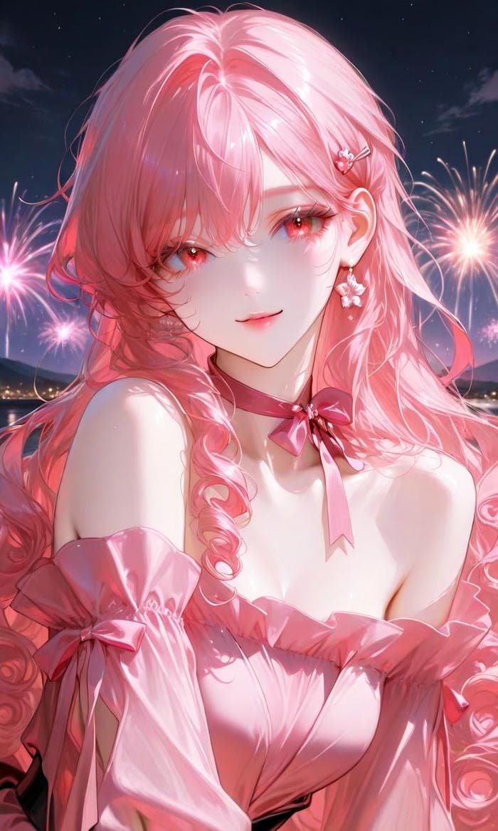 Ảnh anime màu hồng ánh nhìn thân thiện