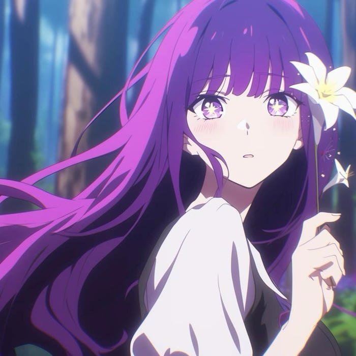 Ảnh anime màu tím nhân vật tay cầm hoa