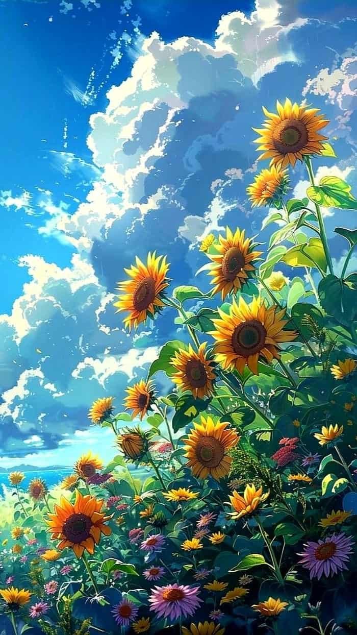 Anime hoa hướng dương tỏa sáng giữa cánh đồng