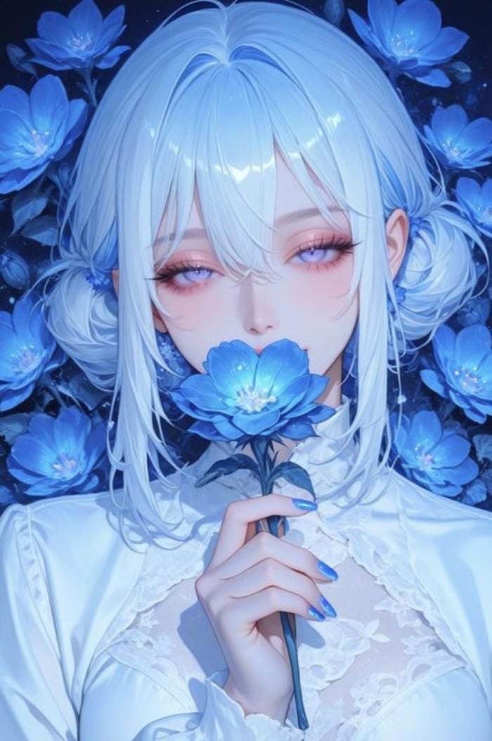 Anime màu xanh dương nhân vật gửi hoa