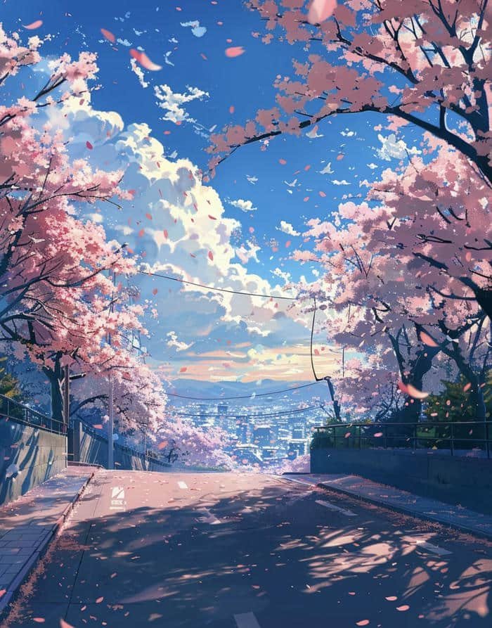 Anime với hàng cây hoa anh đào tuyệt đẹp