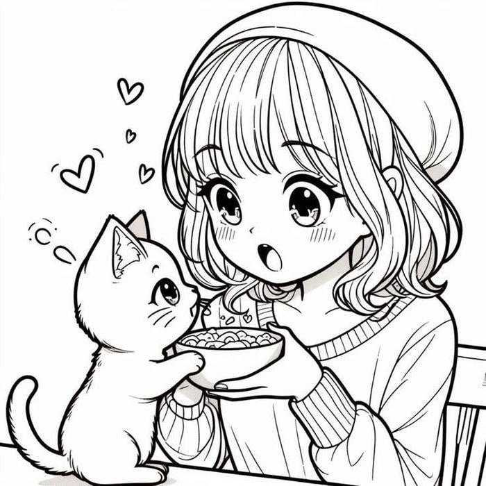 Bức ảnh Anime không màu cho mèo ăn