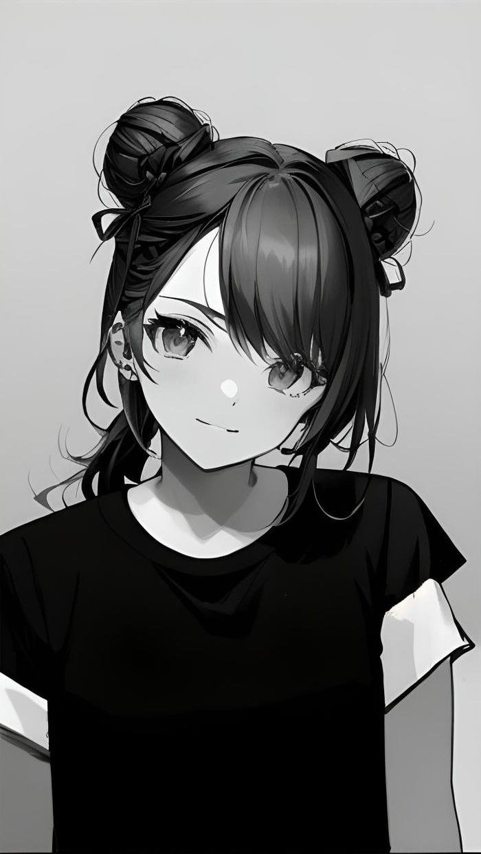 Bức ảnh Anime trắng đen búi tóc 2 bên