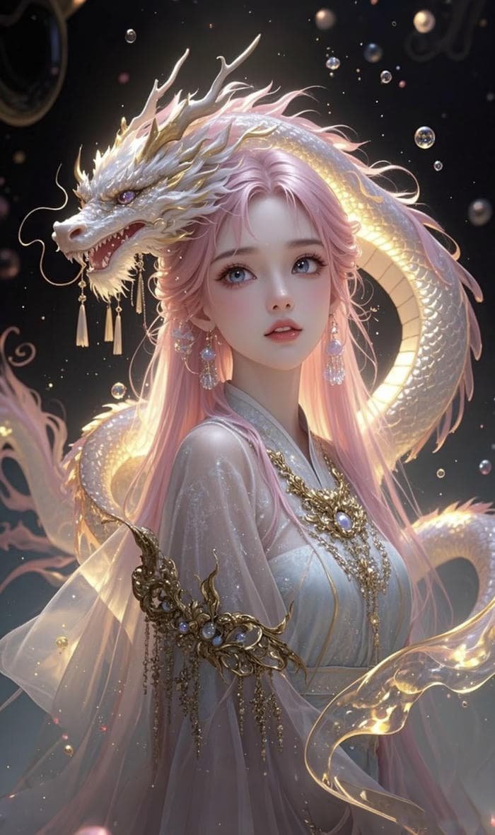 Bức hình anime 3d đứng cạnh rồng vàng