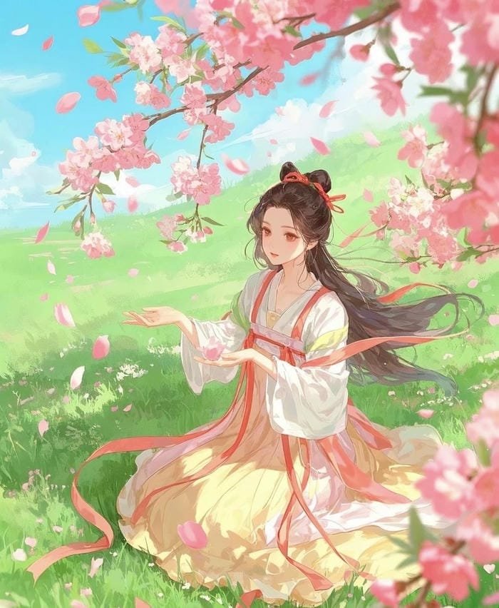 Bức hình anime cổ trang ngồi dưới hoa