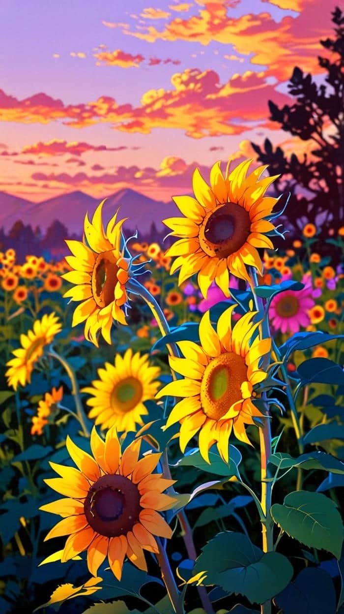 Bức hình anime hoa hướng dương cánh hoa tròn đều