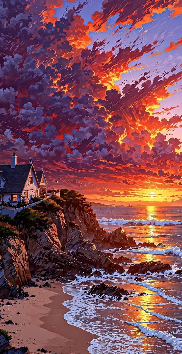 Bức hình anime hoàng hôn ánh nắng tàn