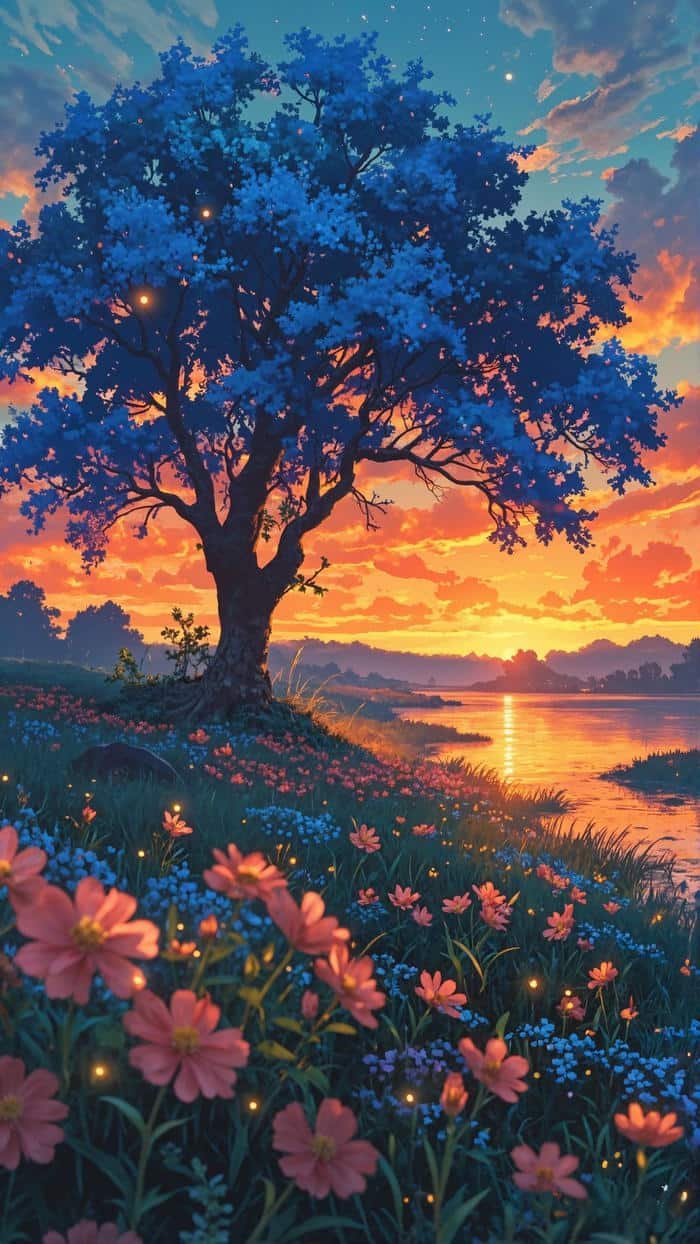 Bức hình anime hoàng hôn chân trời xa