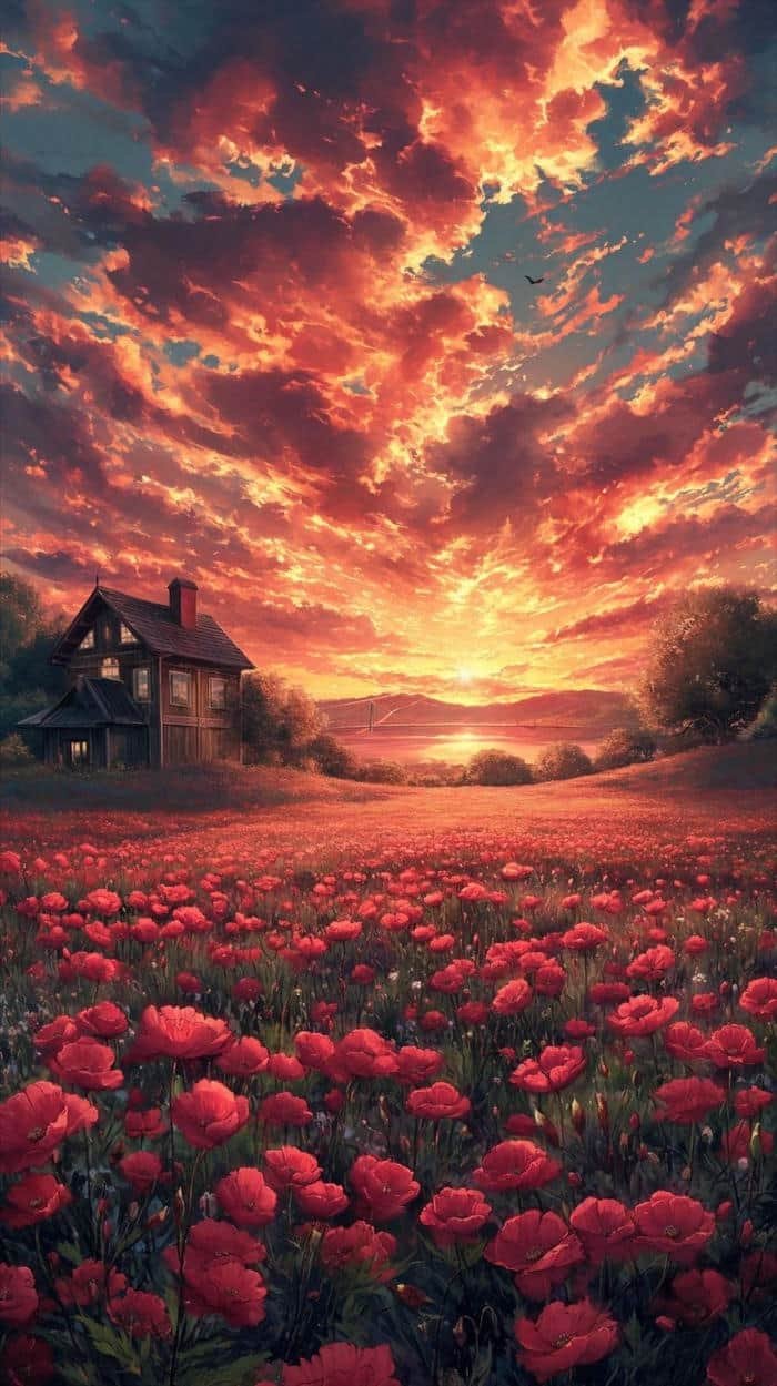 Bức hình anime hoàng hôn mây hồng trải rộng