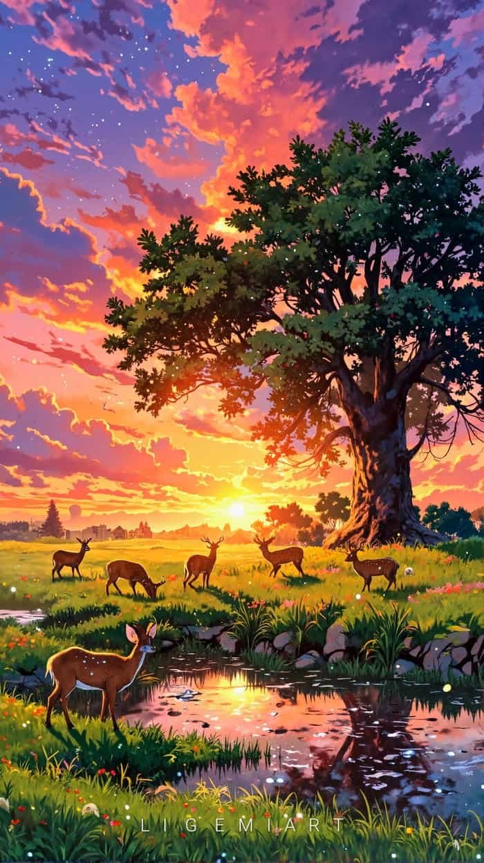 Bức hình anime hoàng hôn phản chiếu mặt nước