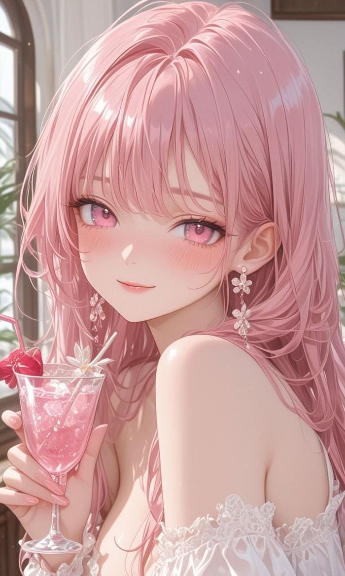 Bức hình anime màu hồng gương mặt sáng