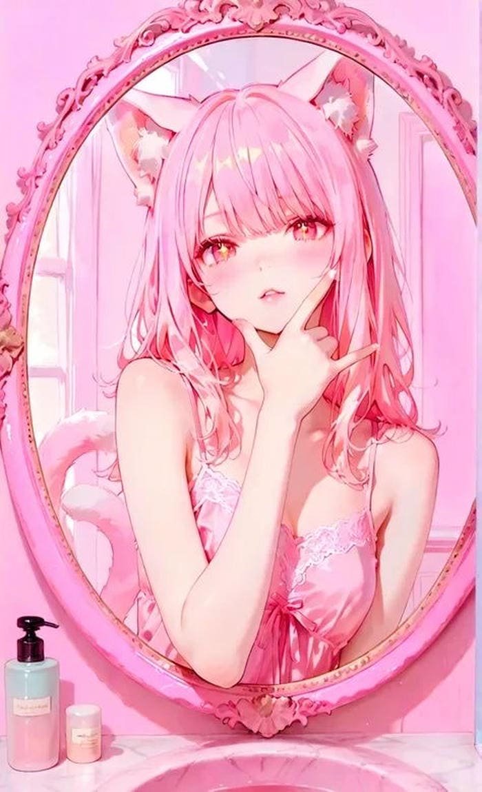 Bức hình anime màu hồng nét mặt mềm