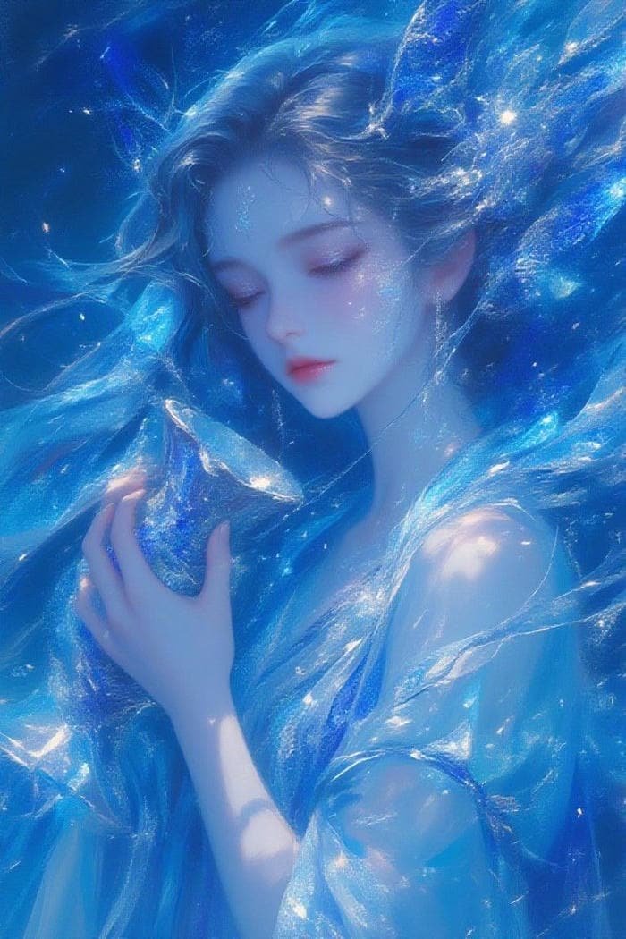 Bức hình anime màu xanh dương ánh nhìn buồn