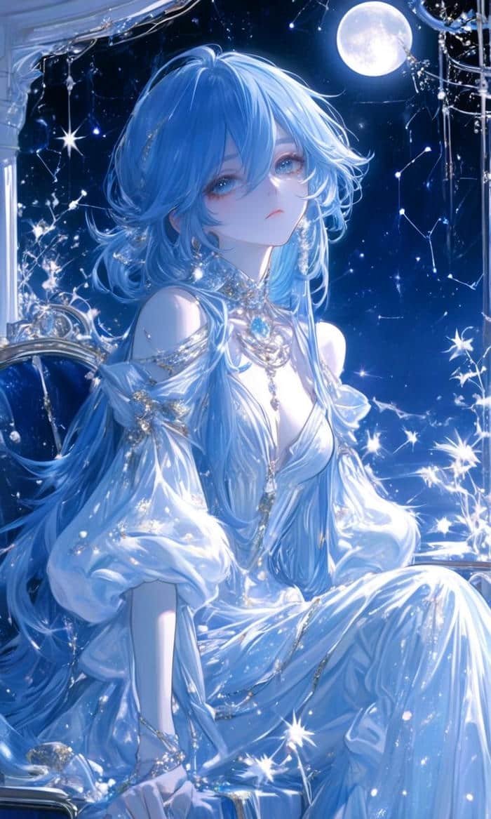 Bức hình anime màu xanh dương ngồi dưới trăng