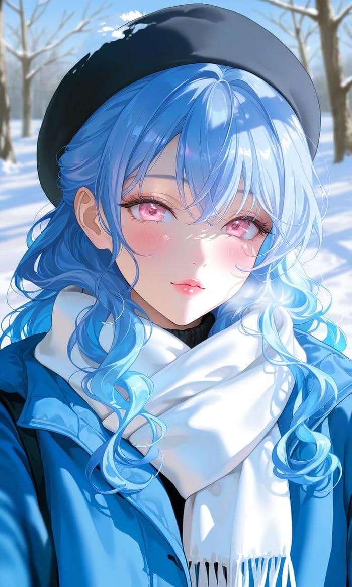 Bức hình anime màu xanh dương tóc xoăn nhẹ