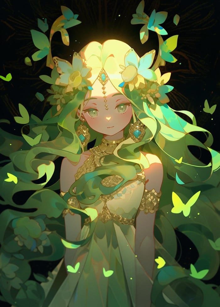 Bức hình anime màu xanh lá cây biểu cảm buồn