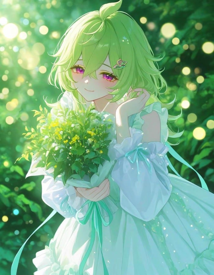 Bức hình anime màu xanh lá cây dáng người mảnh