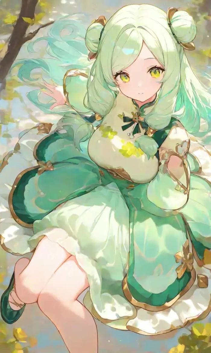 Bức hình anime màu xanh lá cây nét mặt dịu