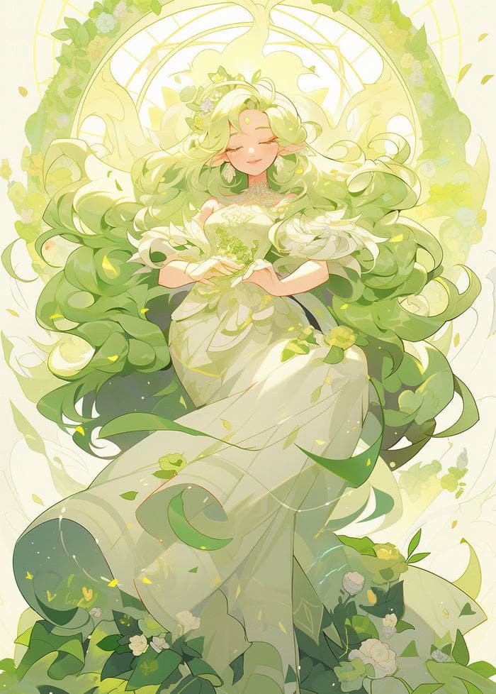 Bức hình anime màu xanh lá cây phong cách tươi