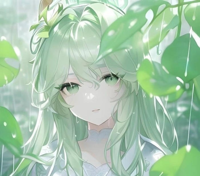 Bức hình anime màu xanh lá cây trong mưa